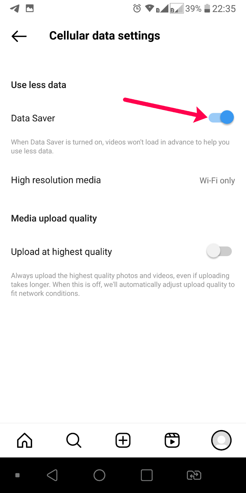 Cellular data settings to activate the Data Saver
