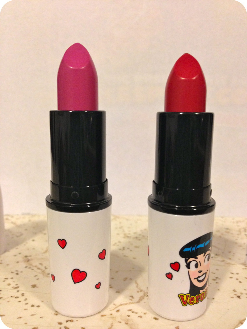 Archie's Girls lipsticks without a cap so you can see their color; pink on the left and red on the right
