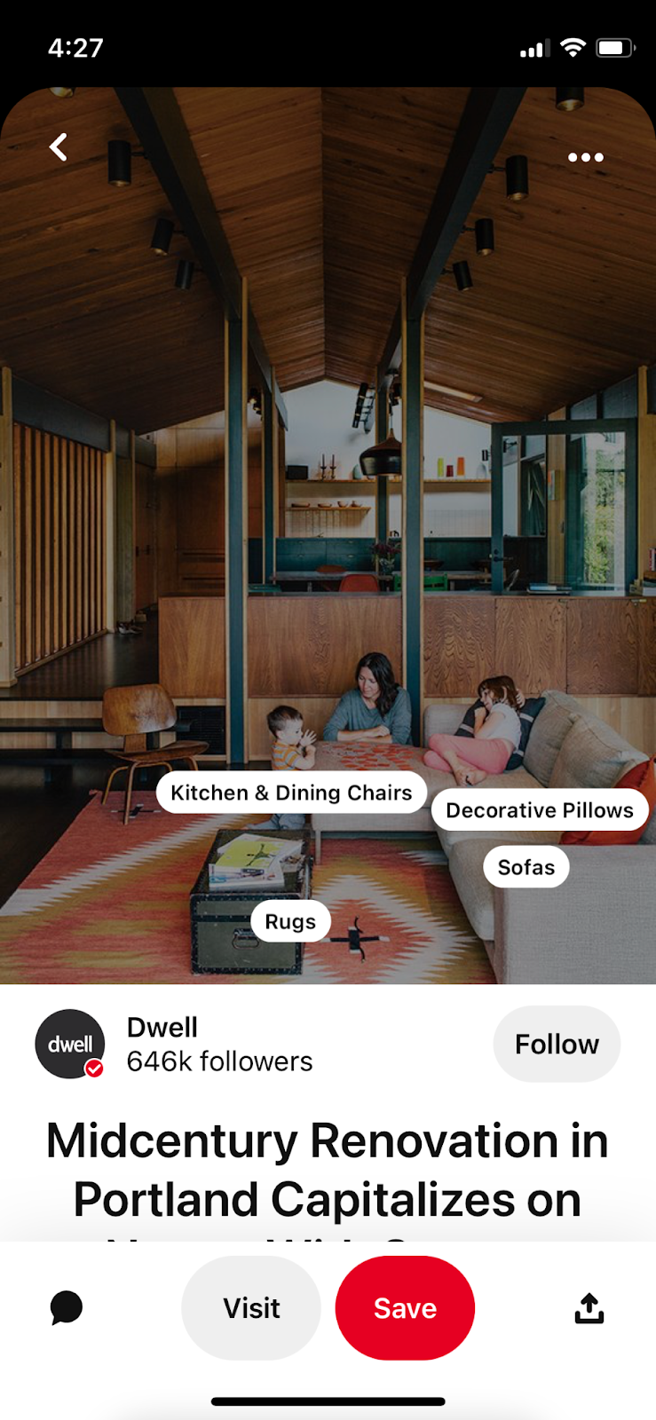 screenshot of Dwell Furniture on Pinterest. shoppable post