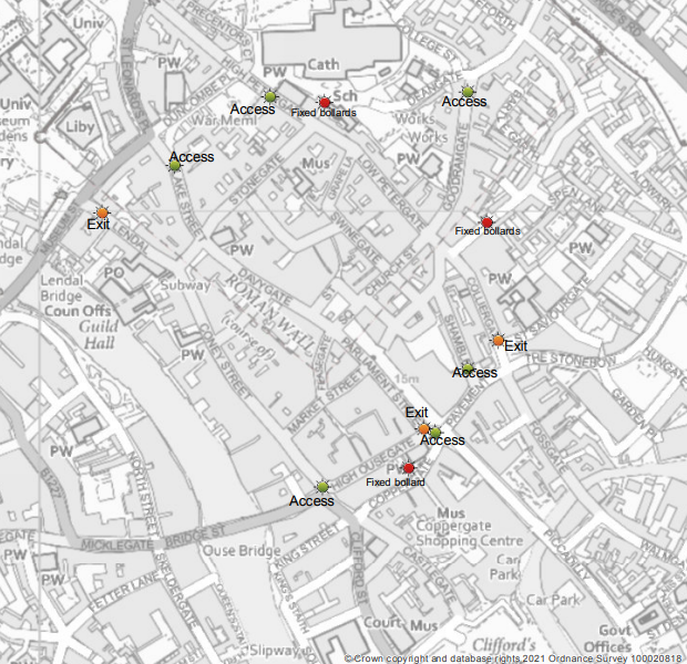 Map of the city centre showing bollard locations at;
Lendal, Blake Street, High Petergate, Goodramgate, St Andrewgate, Colliergate, The Shambles, Parliament Street, Coney Street