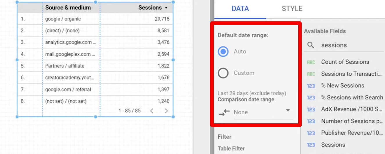 Utilizing the date range feature for a chart on a report in data studio