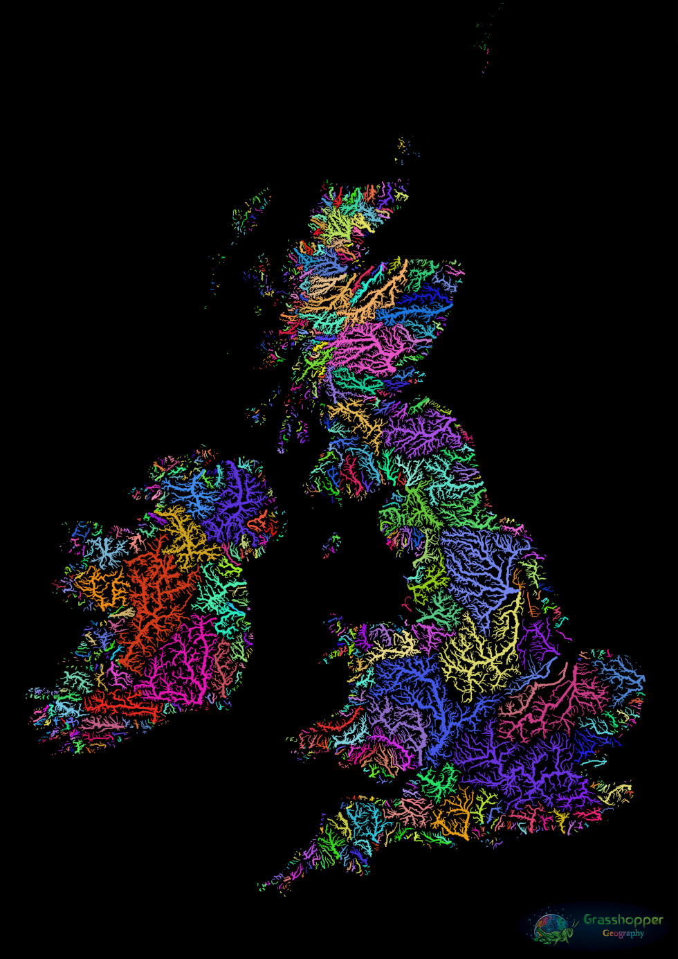  Both Ireland and Great Britain are islands, as a result of which neither boasts a continental-class river. Twenty of the 30 longest British rivers are less than 100 miles (160 km) long. The longest river in Britain is the Severn (220 miles, 354 km), its catchment area shown in blue in the southwest. Ireland's longest river is the Shannon (224 miles, 360 km). Even combined they're not as long as France's Seine (483 miles, 777 km). Image: Grasshopper Geography          