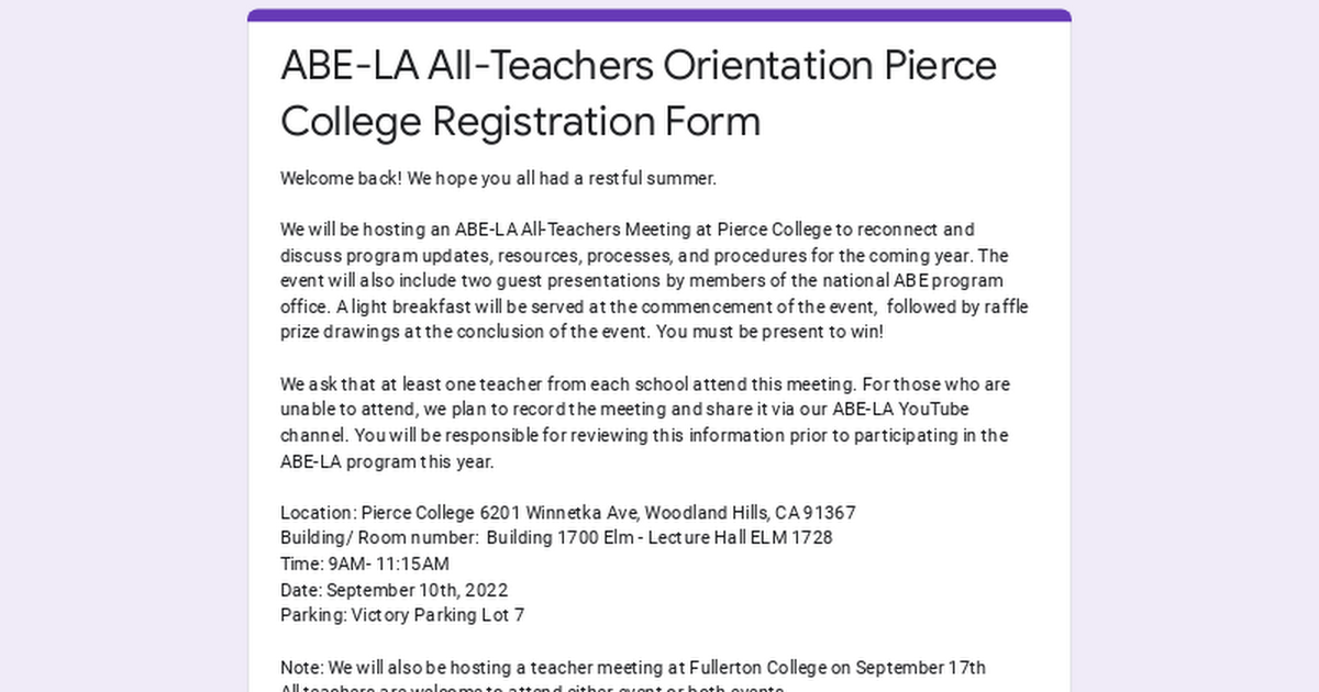 ABELA AllTeachers Orientation Pierce College Registration Form