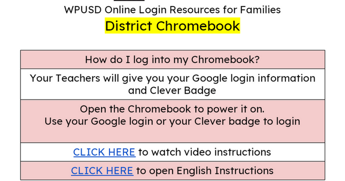WPUSD Online Login Resources for Families - District Chromebook