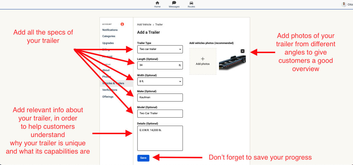A CitizenShipper driver can input all of the details about their trailer on the Add a Trailer page.