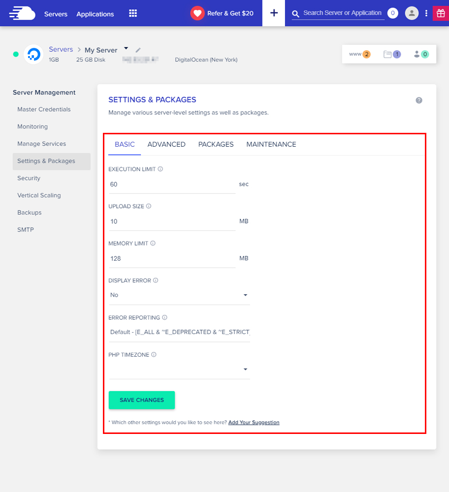 Cloudways settings