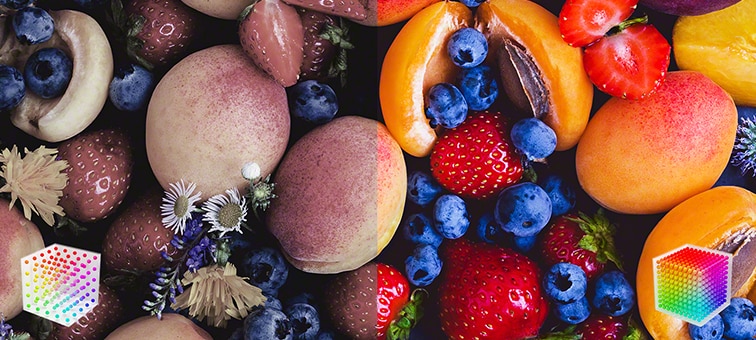 Close up of fruit including berries and peaches