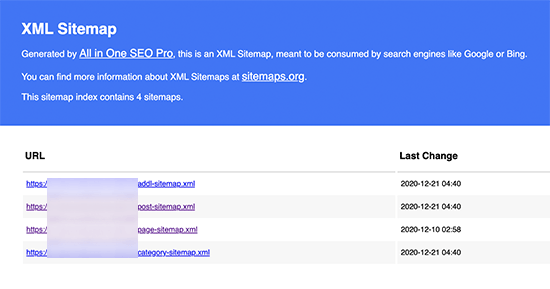 Visualização do mapa do site XML do All in One SEO