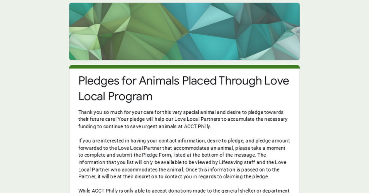 Pledges for Animals Placed Through Love Local Program