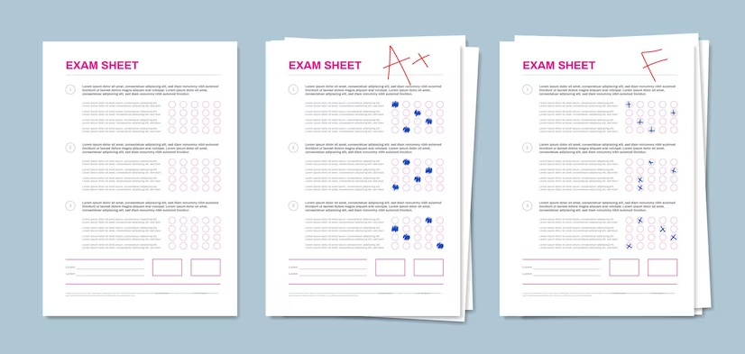 Realistic exam sheets with multiple choice answers piles representing the GPhC exam pass rate.