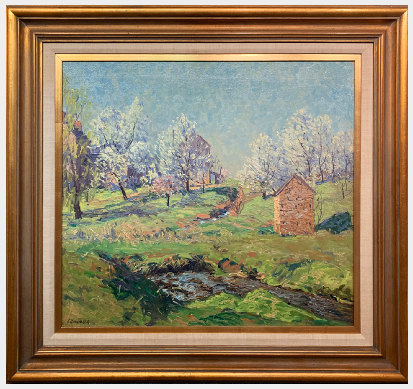 Kenneth Rollo Nunamaker (Center Bridge, Pennsylvania, 1890 - 1957), Plum Blossoms (Springtime at Fitting Farm), from the Gratz Gallery & Conservation Studio.