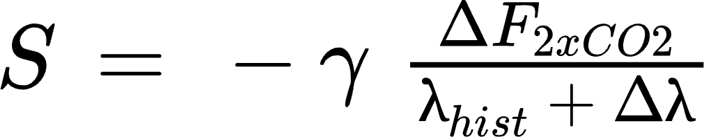 {"aid":null,"font":{"family":"Arial","size":"14","color":"#000000"},"backgroundColor":"#FFFFFF","backgroundColorModified":false,"code":"$S\\,=\\,-𝛾\\,\\,\\frac{ΔF_{2xCO2}}{λ_{hist}\\,+\\,Δλ}\\,$","type":"$","id":"1","ts":1669928698859,"cs":"2dZGfsASnExSRCF9w+0xCg==","size":{"width":168.5,"height":33.00000000000002}}