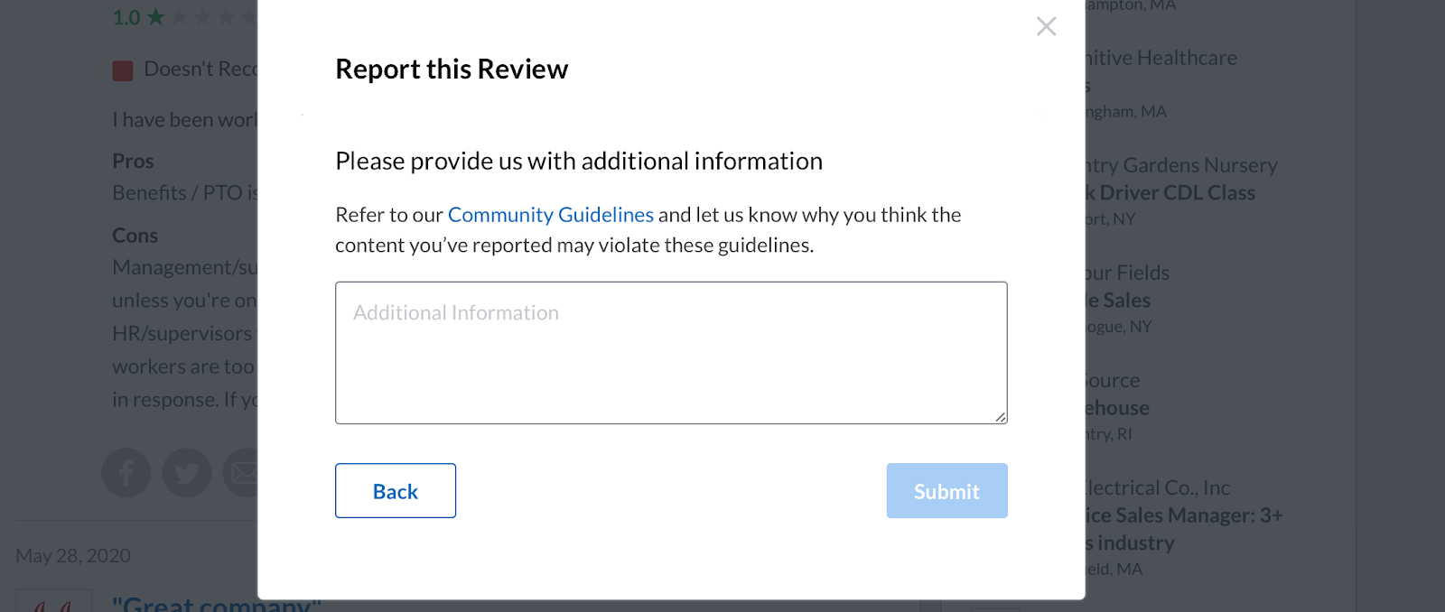 Text box explaining how Glassdoor review violates Community Guidelines