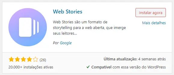 Web Stories: Print Screen do plugin web stories do Word Press, com descrição avaliação e botão instalar.