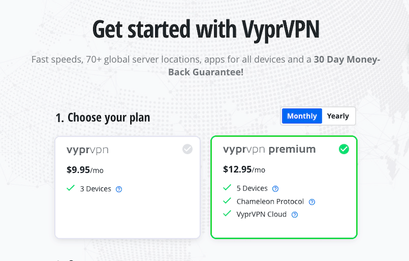 Plan tarifaire mensuel Vypr VPN 