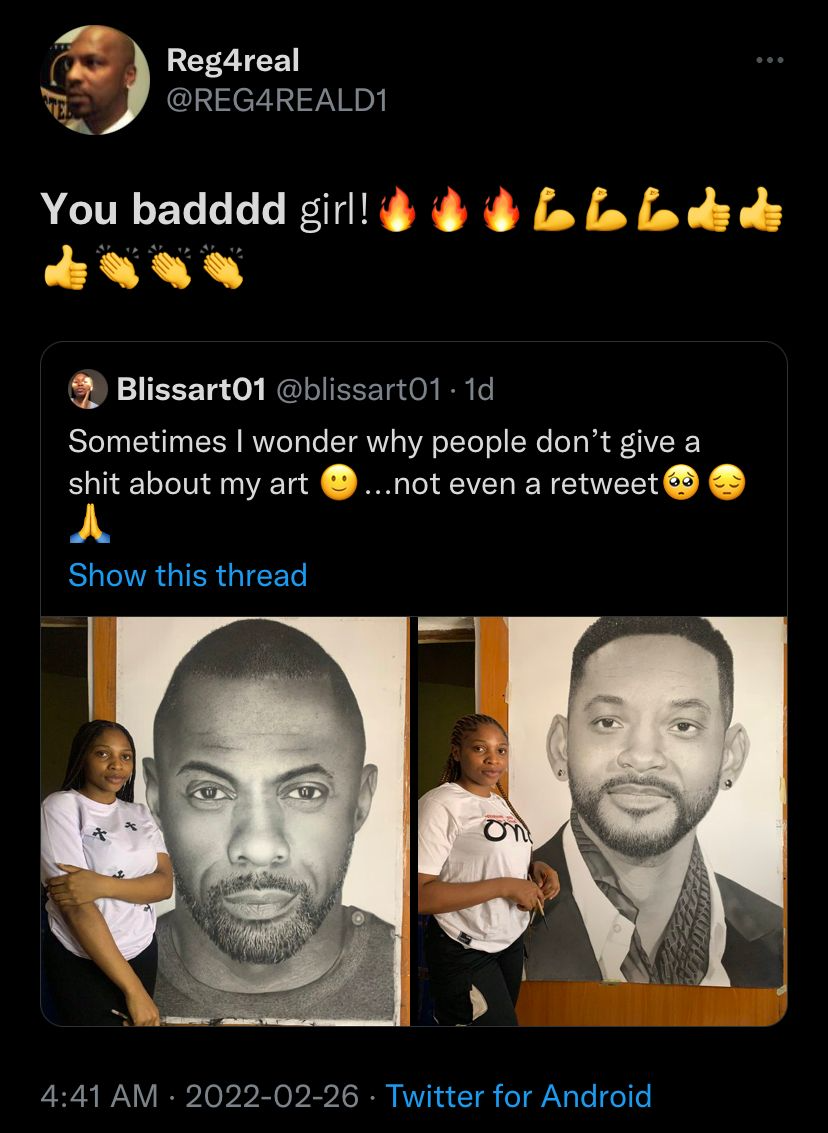 Twitter post from @Reg4reald1: "You badddd girl!" in response to @blissart01's tweet displaying her ultra-realistic pencil drawings of Will Smith and Indris Elba