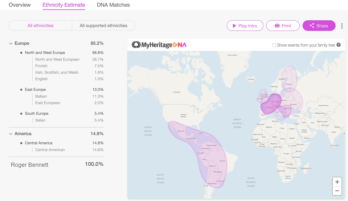 Capture d'écran de l'estimation de l'appartenance ethnique de MyHeritage. De mon examen de patrimoine.