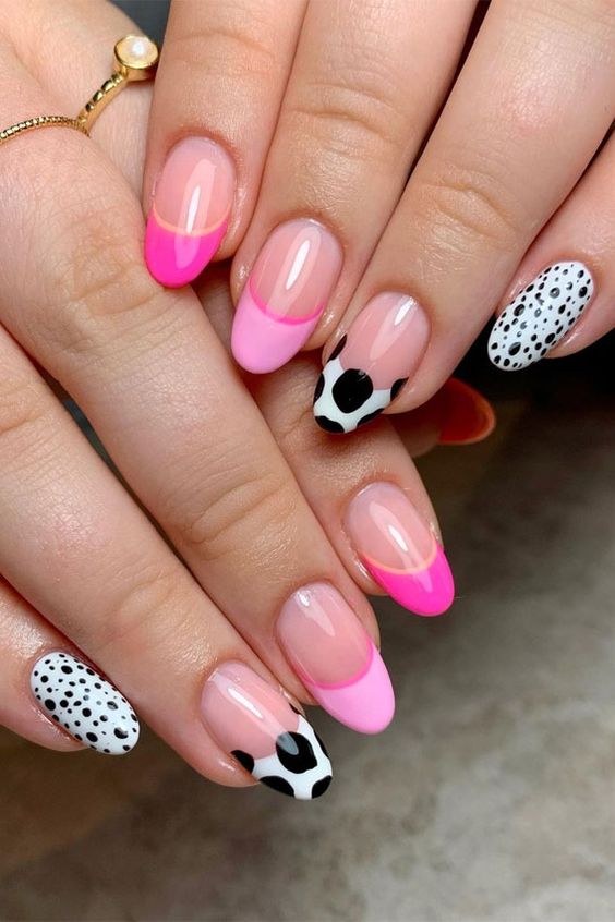 Pink and cow pattern summer nail idea