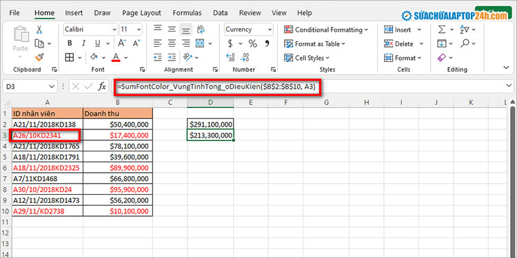 Nhập hàm như hình để tính tổng theo màu chữ đỏ trong Excel
