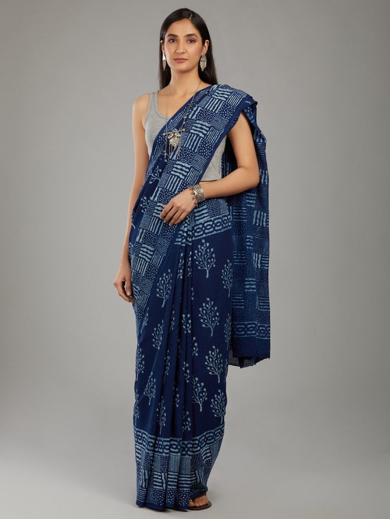Indigo-Hand-Block-Printed-Cotton-Mulmul-Saree
