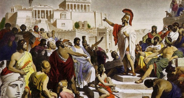 Uma pintura de Philipp Foltz, do século XIX, representando um discurso do estadista grego Péricles.