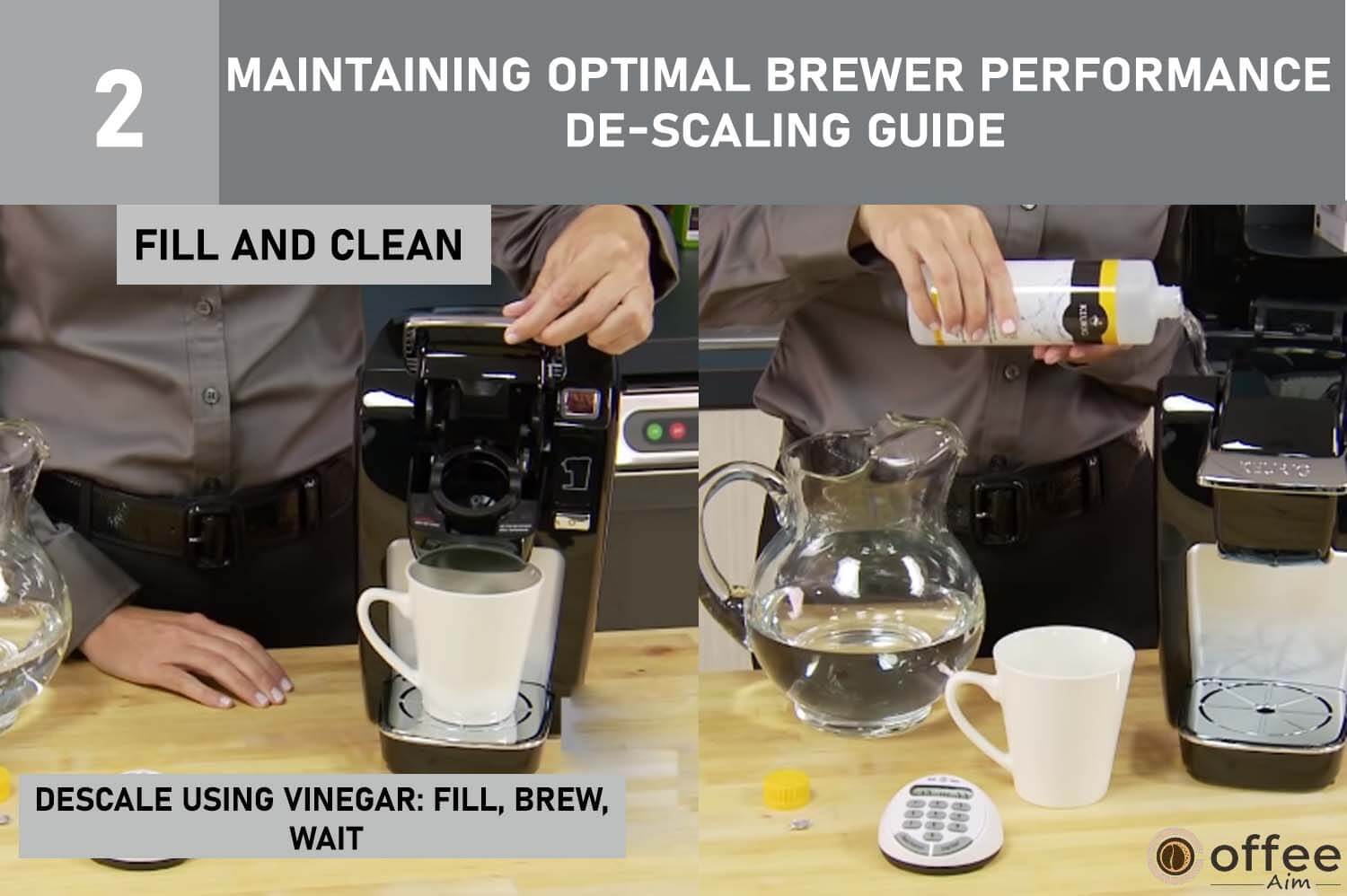 This image illustrates the "FILL AND CLEAN" process outlined in the "Maintaining Optimal Brewer Performance: De-scaling Guide" section of the article "How To Use Keurig B-31."