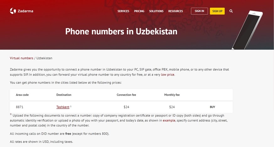 Zadarma Uzbekistan Virtual Phone Number