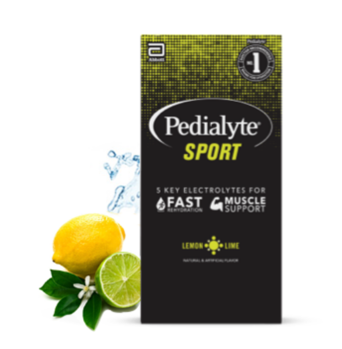 The photo shows Pedialyte Sport and a lemon slice on the left side. 