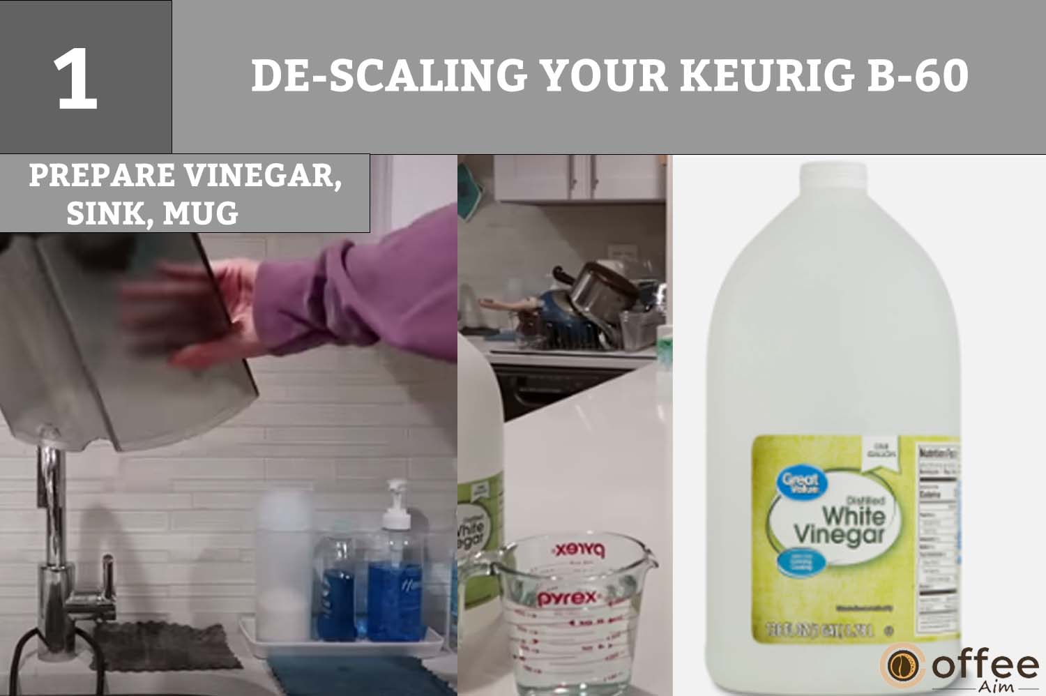 Before descaling, gather 48 ounces of undiluted white vinegar, an empty sink, and a large ceramic mug (avoid using a paper cup).