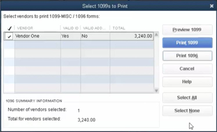 Select 1099s form to print in QuickBooks 