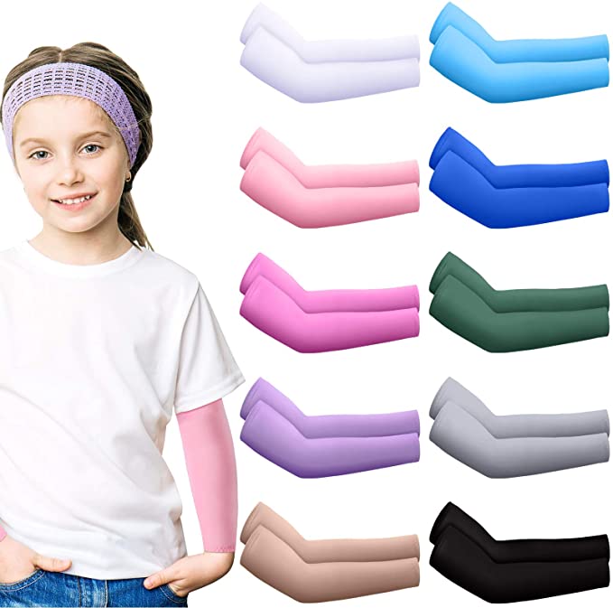 Hicarer 10 Pairs Arm Sleeves for Toddlers Volleyball Sports Sun Protection Kid Ice Silk Elastic Child Outdoor