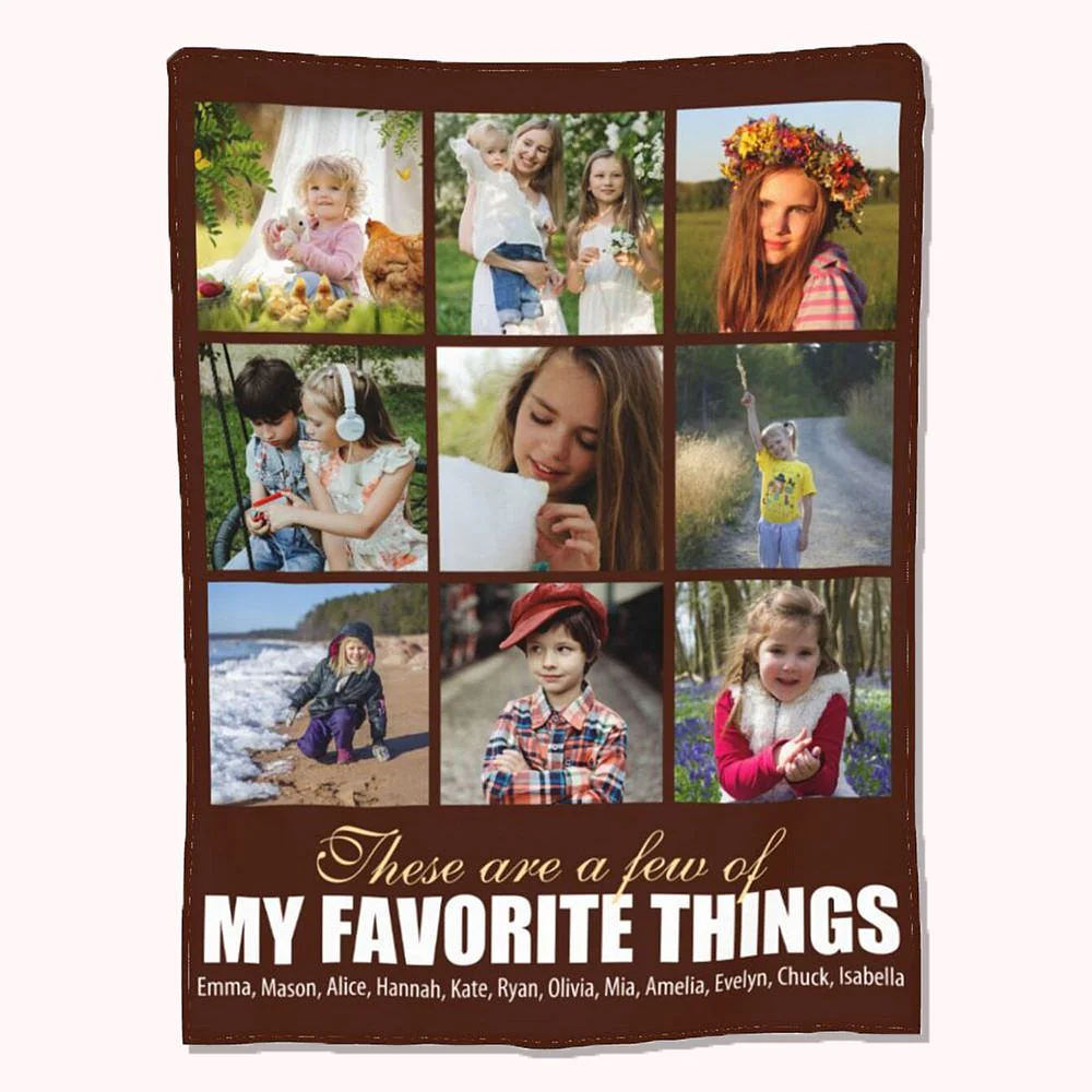 couverture en flanelle avec photographies de famille et personnalisation avec phrase et prénoms.