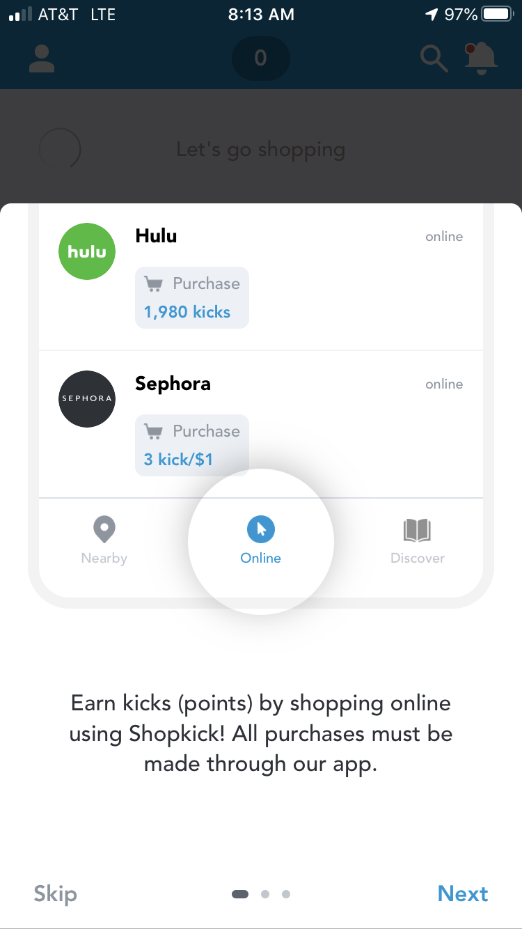 Shopkick app screenshot with Hulu and Sephora rewards