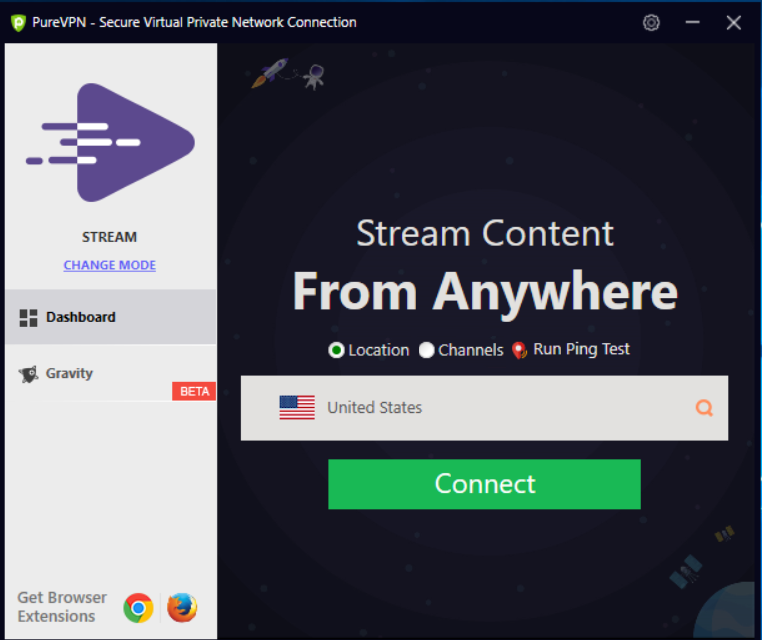 PureVPN windows app connected to the United States