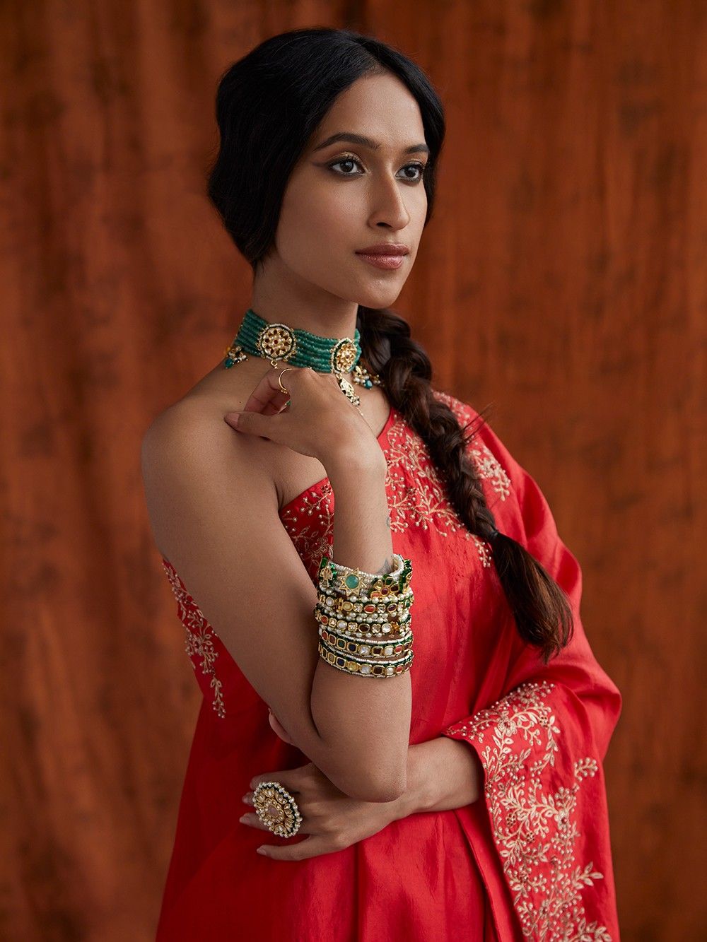 the loom - Red Hand Embroidered Silk Dupion One Shoulder