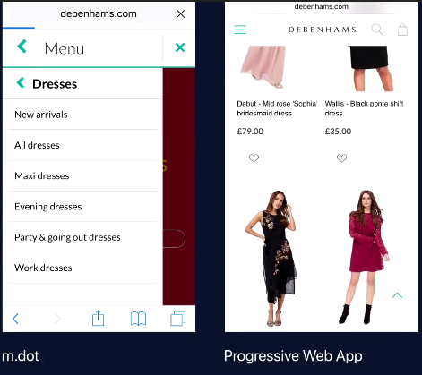 Debenhams PWA category page on iOS