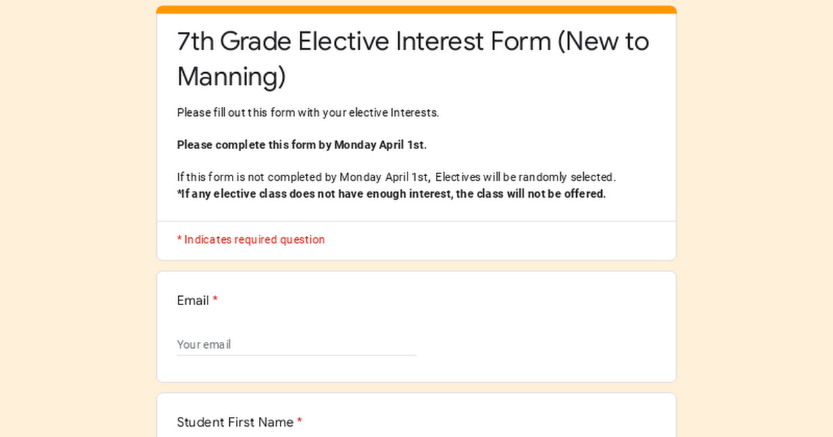 7th Grade Elective Request Form