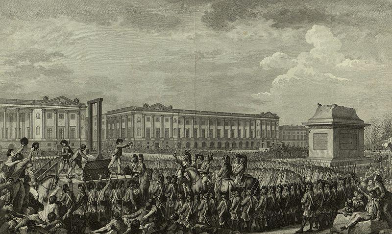Black and white image of the aftermath of the guillotining of Louis XIV, with his head being held up to the crowd by the executioner.