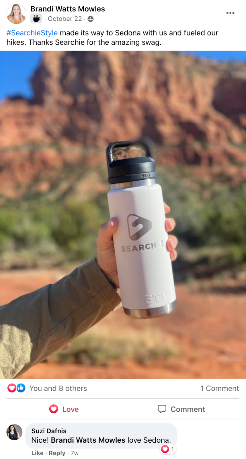 One of our top posts of the year in the Facebook group from Brandi showing off her Searchie Swag in Sedona.