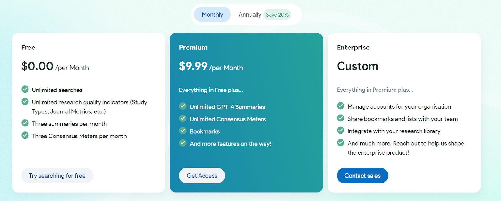 pricing page of consensus