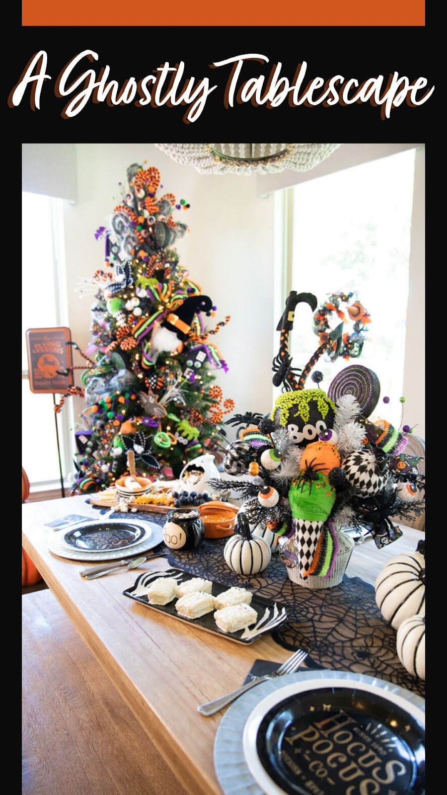 Halloween Christmas tree and centerpiece with purple, orange, and green