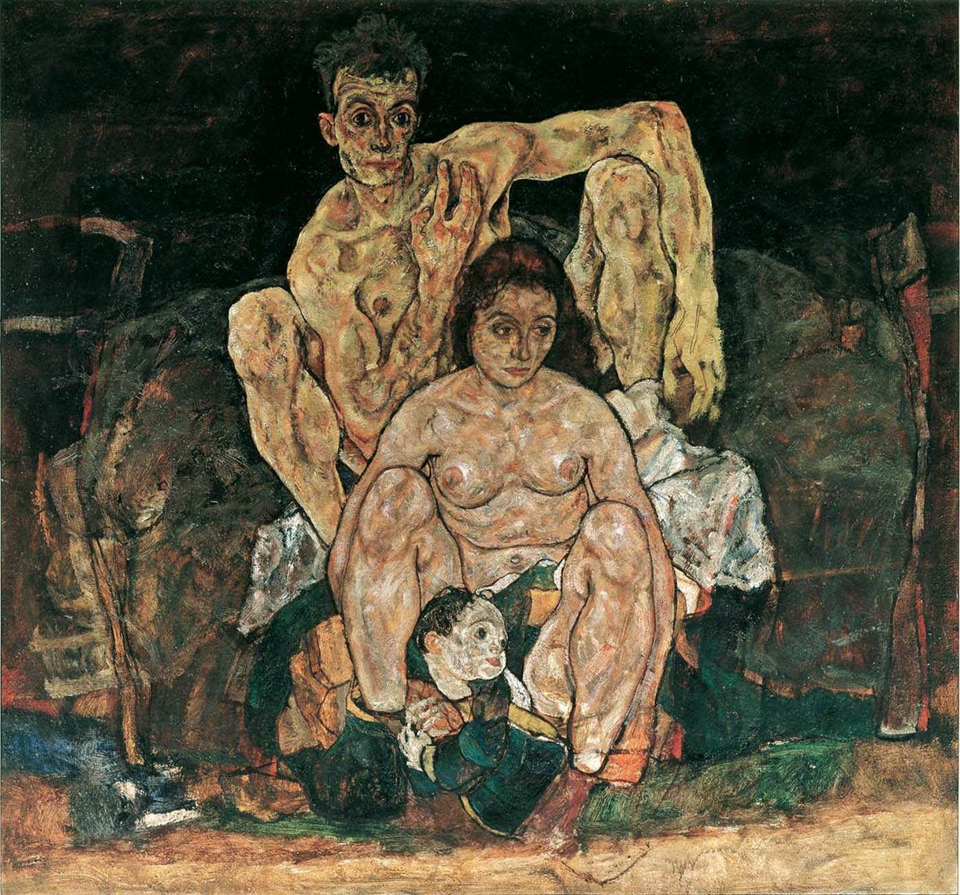 egon schiele crouching human couple family portrait
