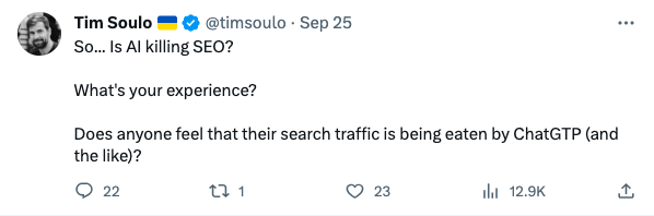 Tim Soulo Tweet of AI killing SEO
