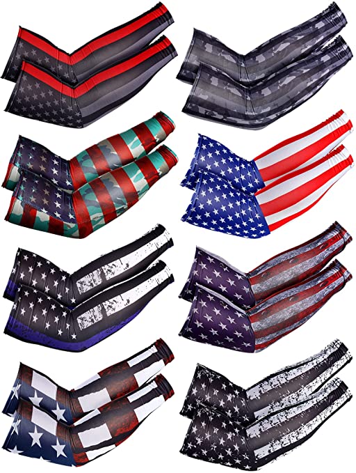 8 Pairs Arm Sleeves for Men or Women Compression Cooling Ice Silk UV Sun Protection Arm Sleeves Sports Protection Tattoo Cover Sleeves American Independence Day American Flag Sleeves