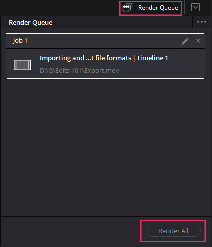 Render Queue in Davinci Resolve