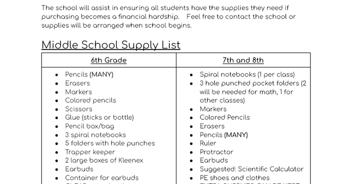 Middle/High School Supply List