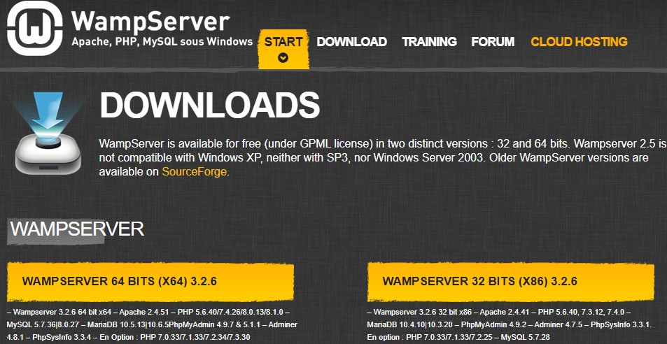 página de downloads do site WampServer