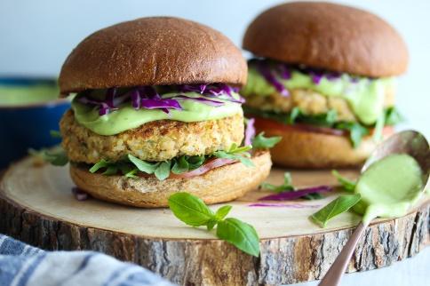 Cauliflower Hummus Burgers with Green Goddess Sauce - Dishing Out Health