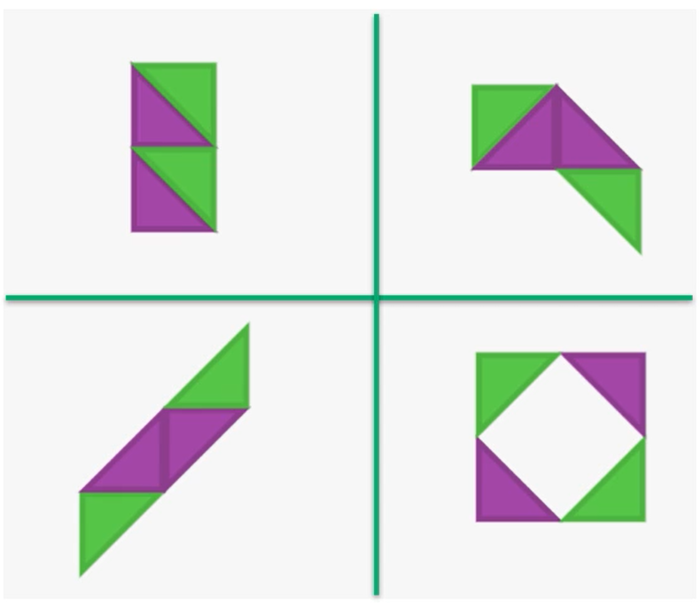 4 different tangram images each using 4 right angled triangles.
