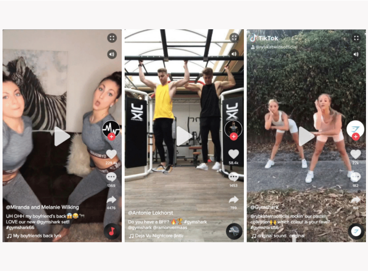 Three screenshots of influencers TikTok content for Gymshark. 